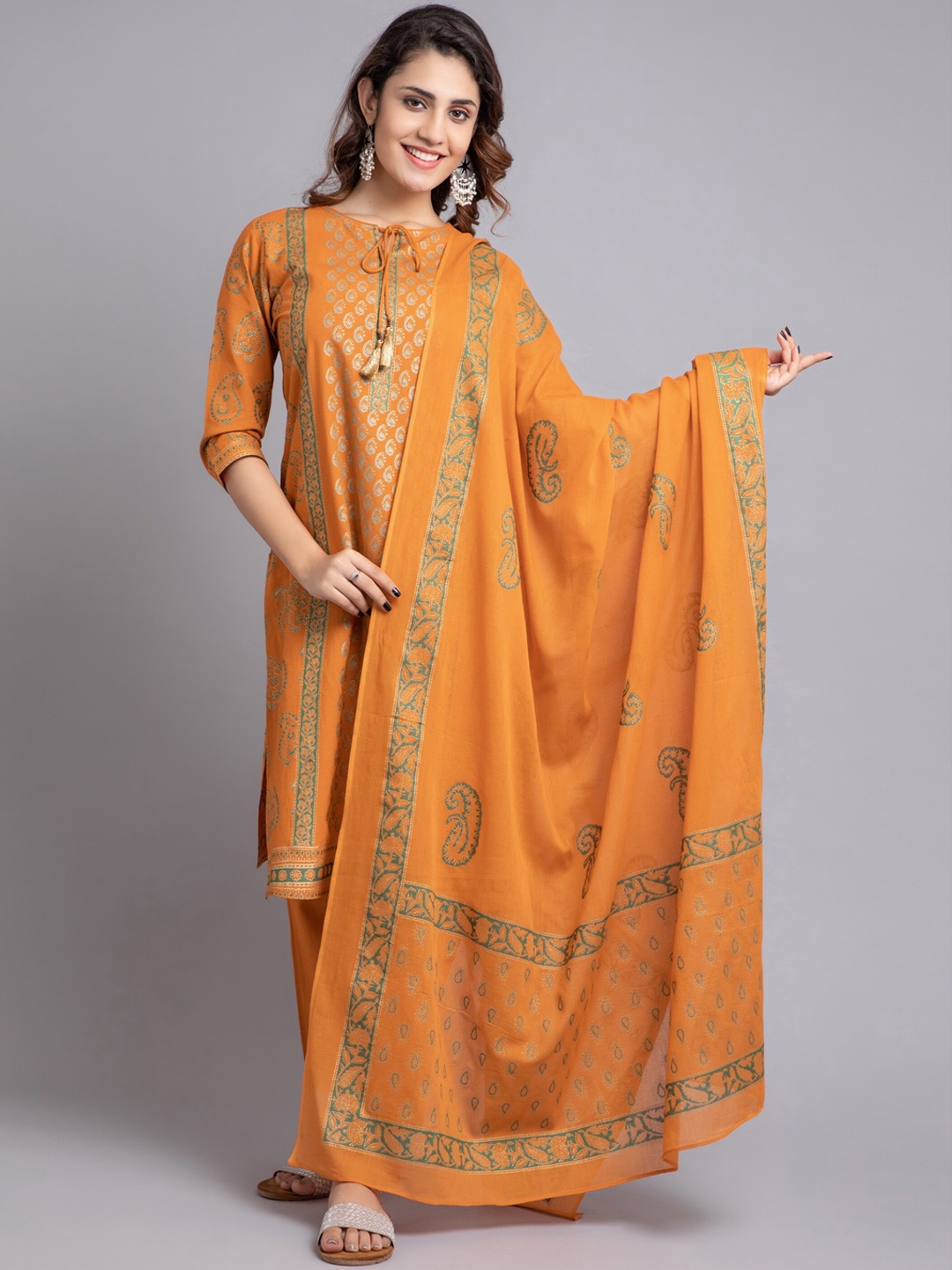 

SUTI Tie-Up Neck Ethnic Motifs Printed Straight Kurta with Trousers & Dupatta, Orange