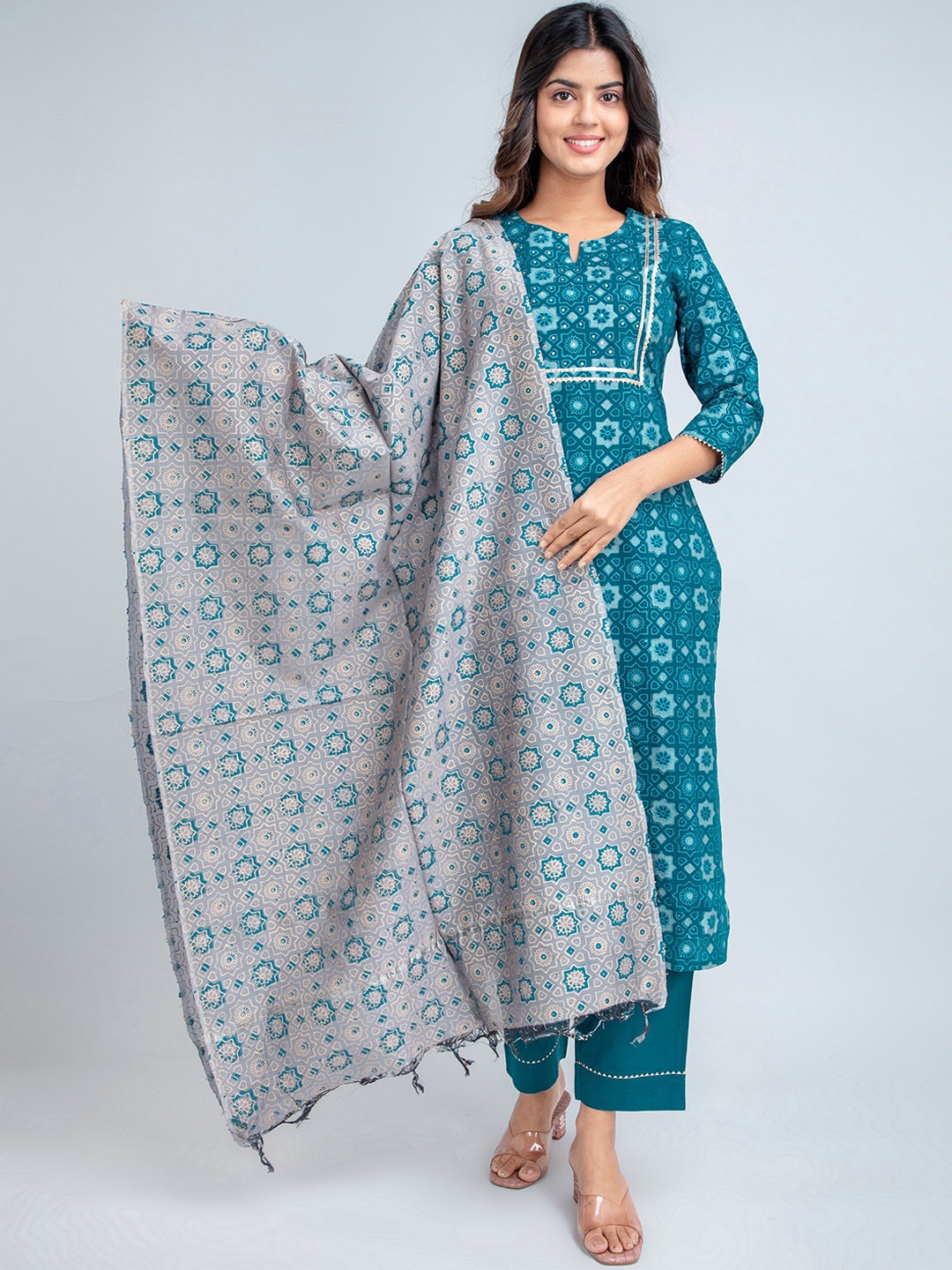 

SUTI Ethnic Motifs Printed Gotta Patti Pure Cotton Kurta with Trousers & Dupatta, Teal