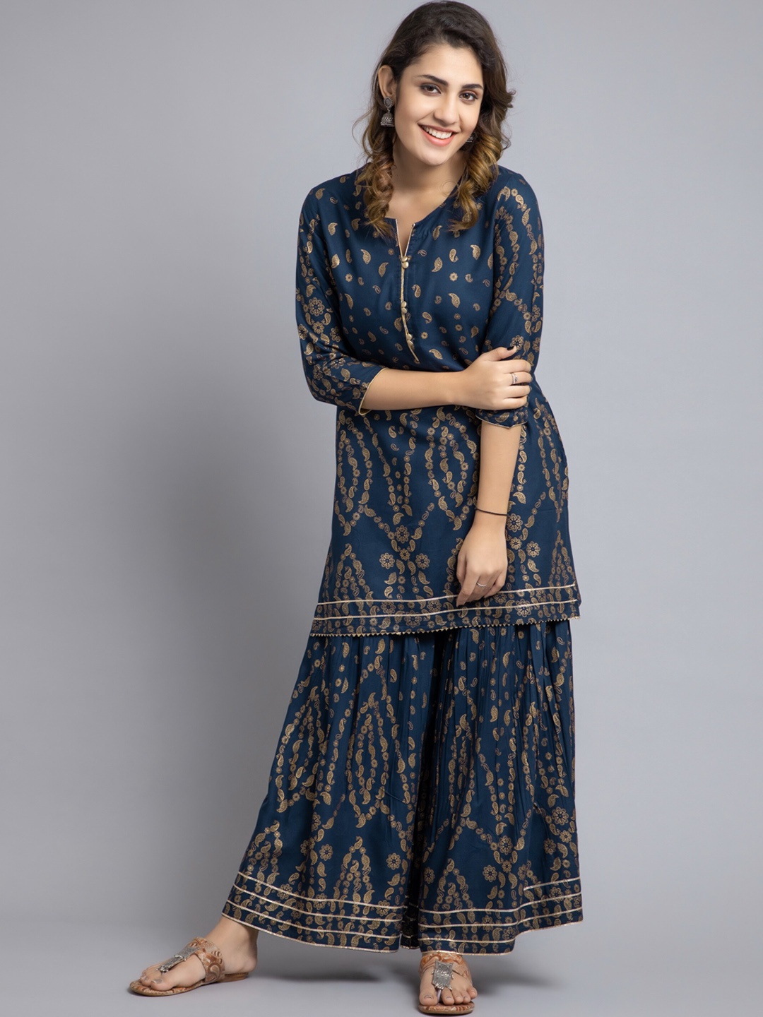 

SUTI Paisley Printed Kurta with Sharara, Navy blue