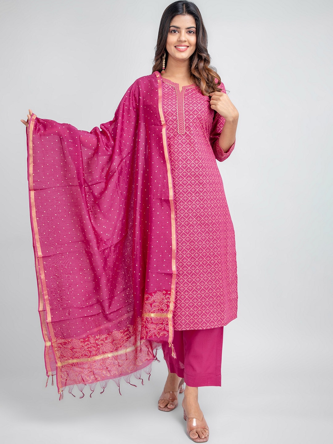 

SUTI Ethnic Motifs Printed Pure Cotton Kurta with Trousers & Dupatta, Pink