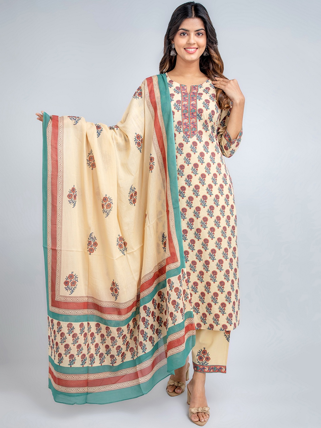 

SUTI Floral Printed Pure Cotton Kurta with Palazzos & Dupatta, Beige