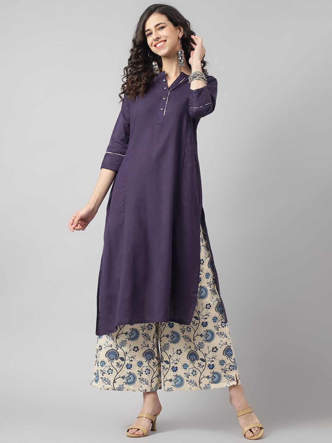 

Neemiya Band Collar Straight Kurta with Palazzos, Purple