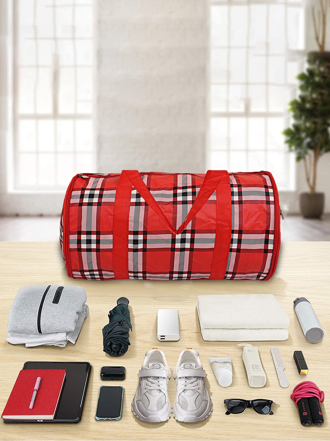 

Kuber Industries Checked Leather Duffle Bag, Red