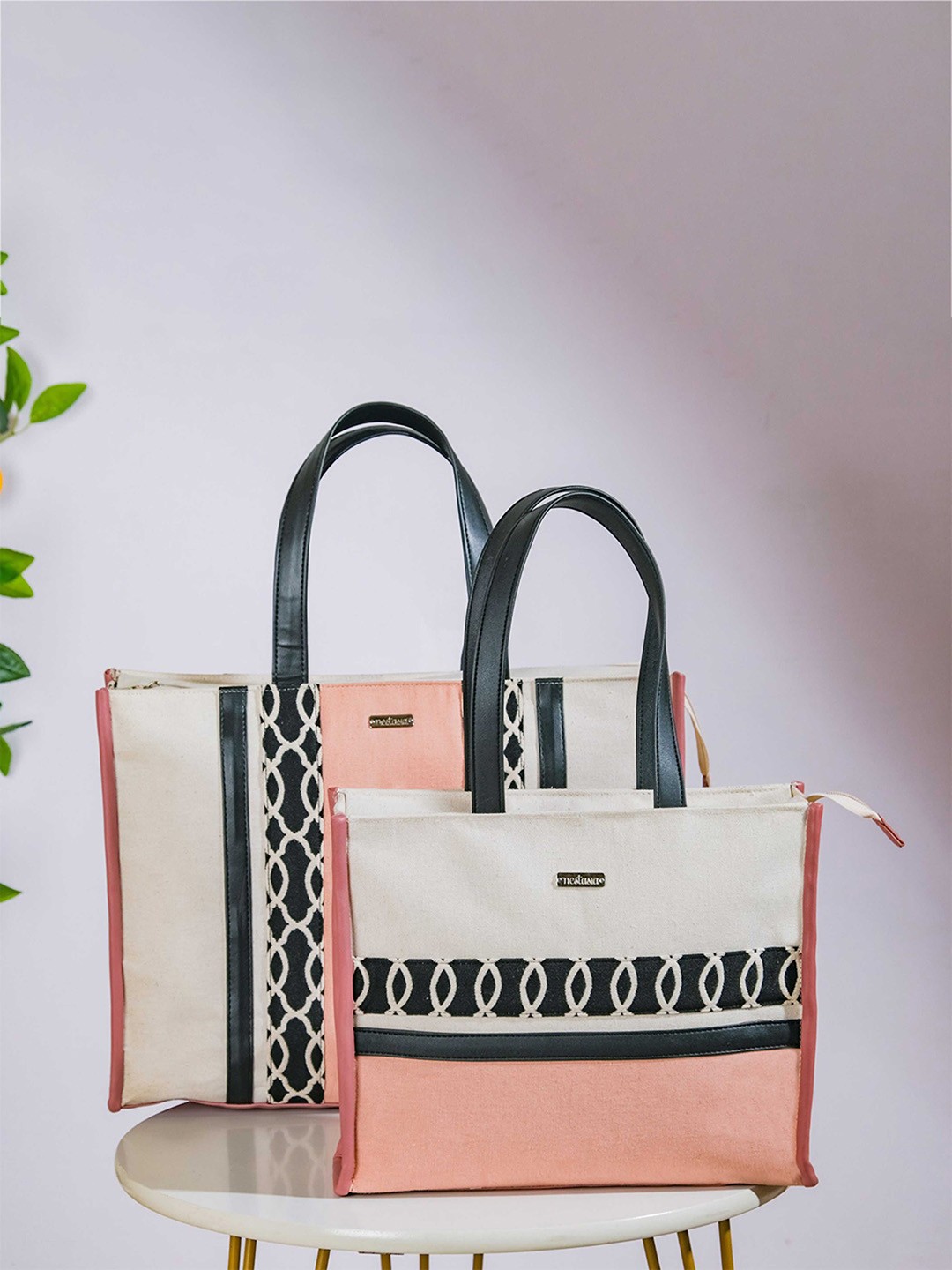 

Nestasia Women Set Of 2 Printed Eco Canvas Structured Tote Bags, Pink