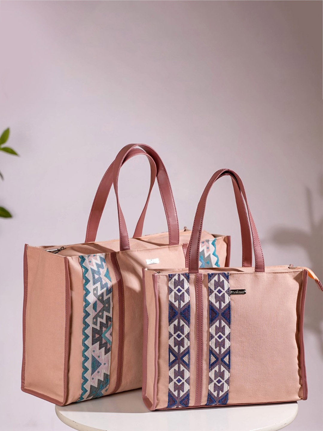 

Nestasia Set Of 2 Geometric Printed Canvas Tote Bags, Peach