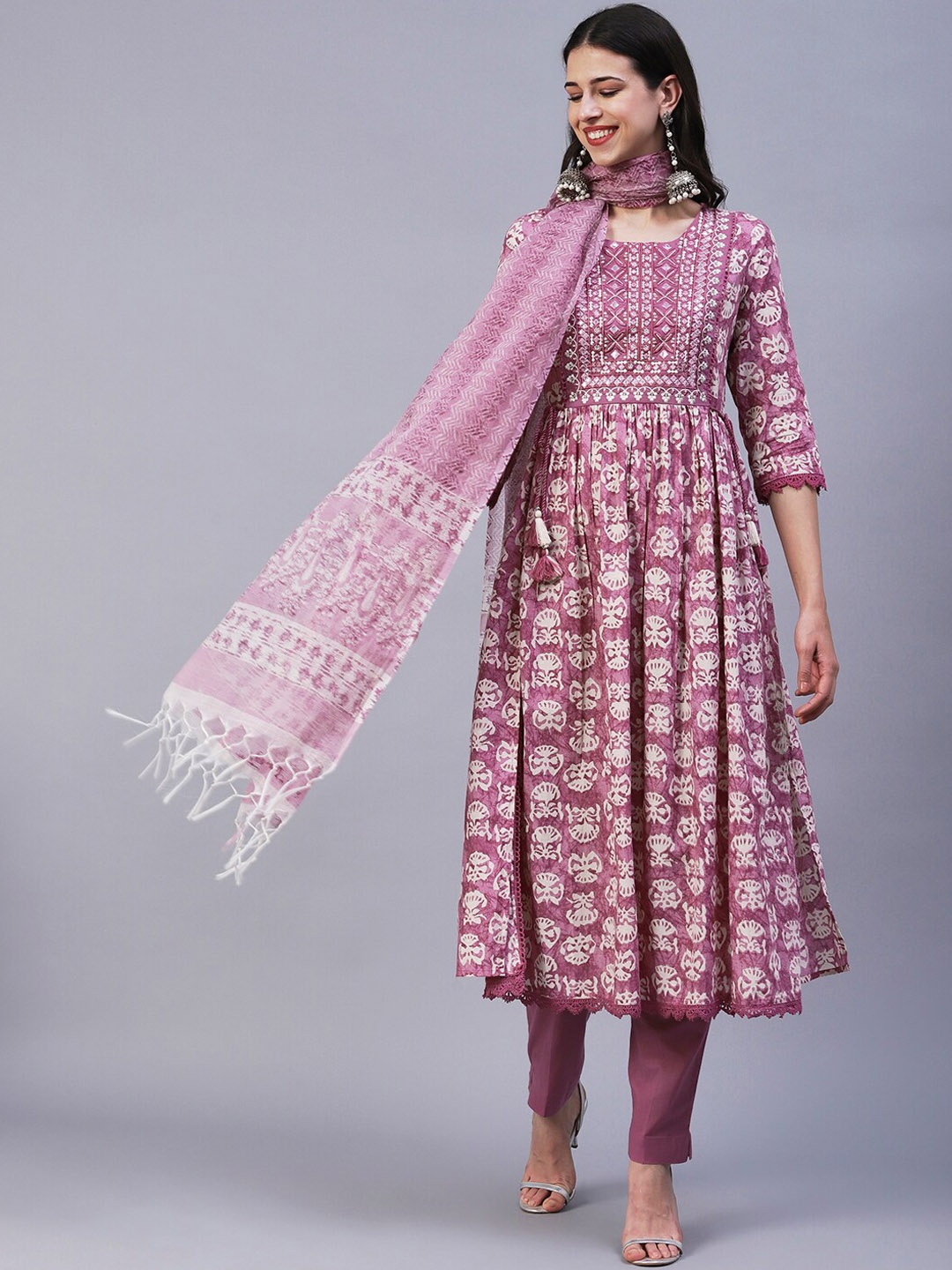 

FASHOR Floral Printed Mirror Work A-Line Pure Cotton Kurta with Trousers & Dupatta, Mauve