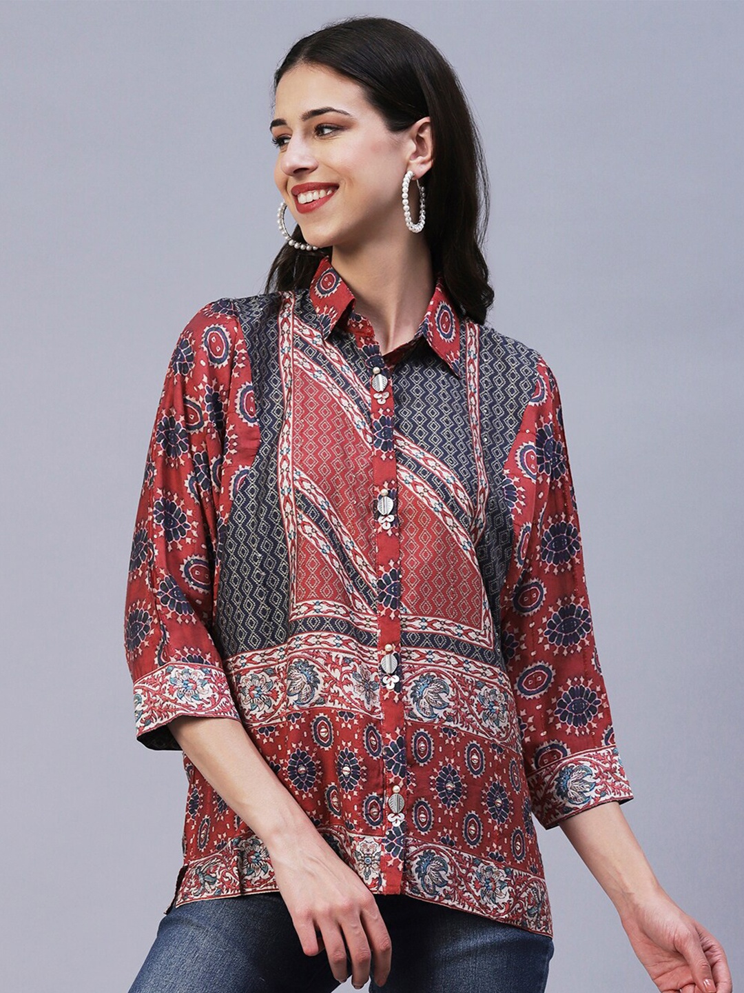 

FASHOR Ethnic Motifs Printed Casual Shirt, Rust