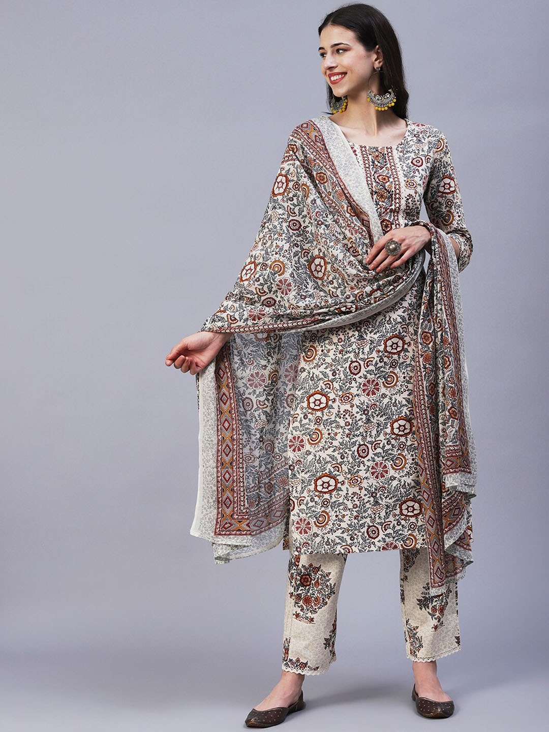 

FASHOR Floral Printed Pure Cotton Screen Kurta with Trousers & Dupatta, Off white