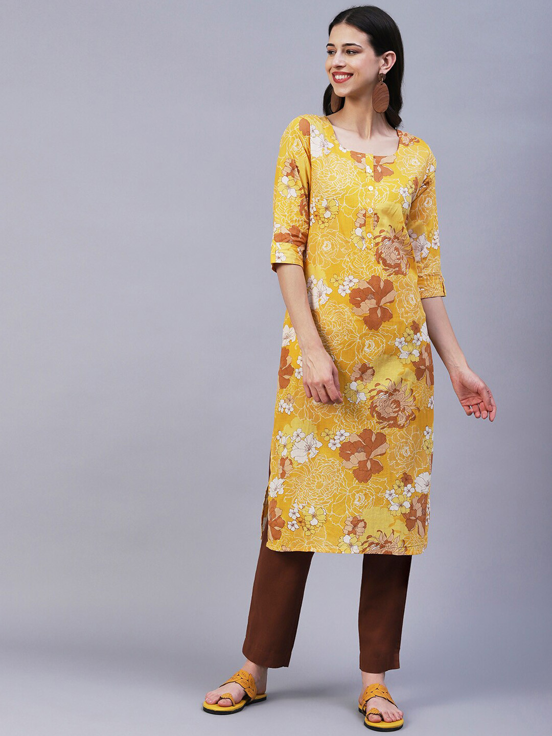 

FASHOR Floral Printed Straight Cotton Kurta, Yellow