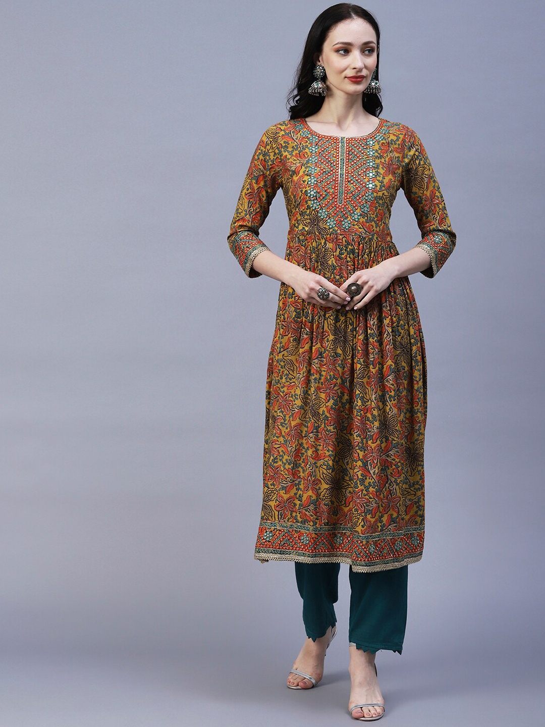 

FASHOR Floral Printed Mirror Work Anarkali Kurta, Mustard