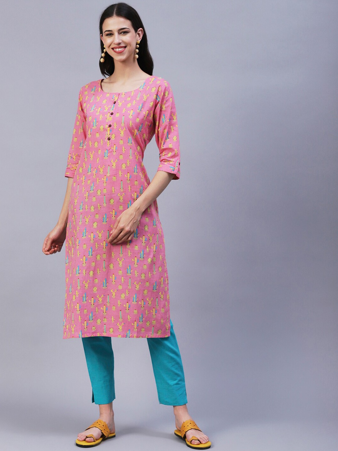 

FASHOR Conversational Printed Straight Cotton Kurta, Pink