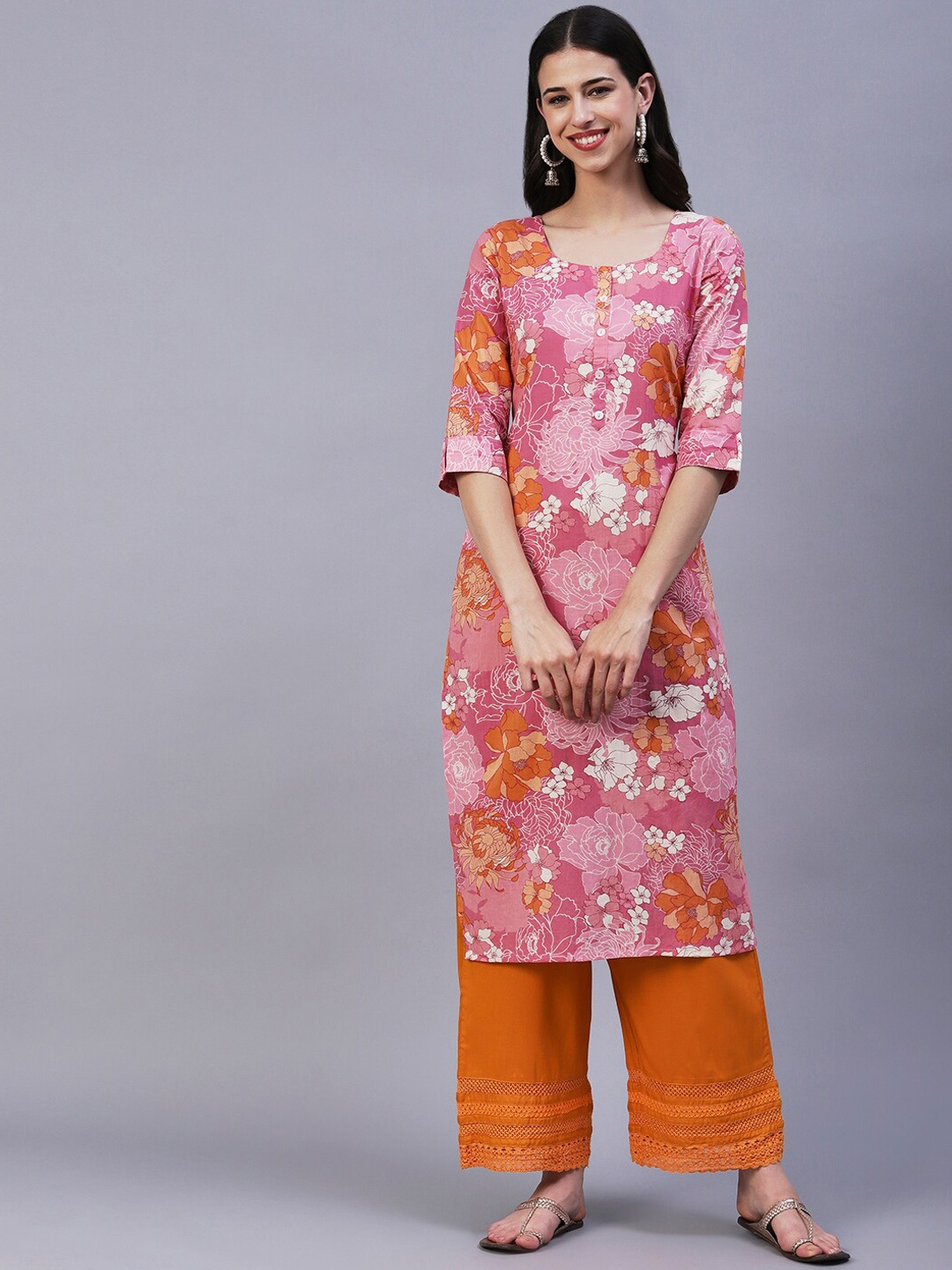 

FASHOR Floral Printed Pure Cotton Kurta, Pink