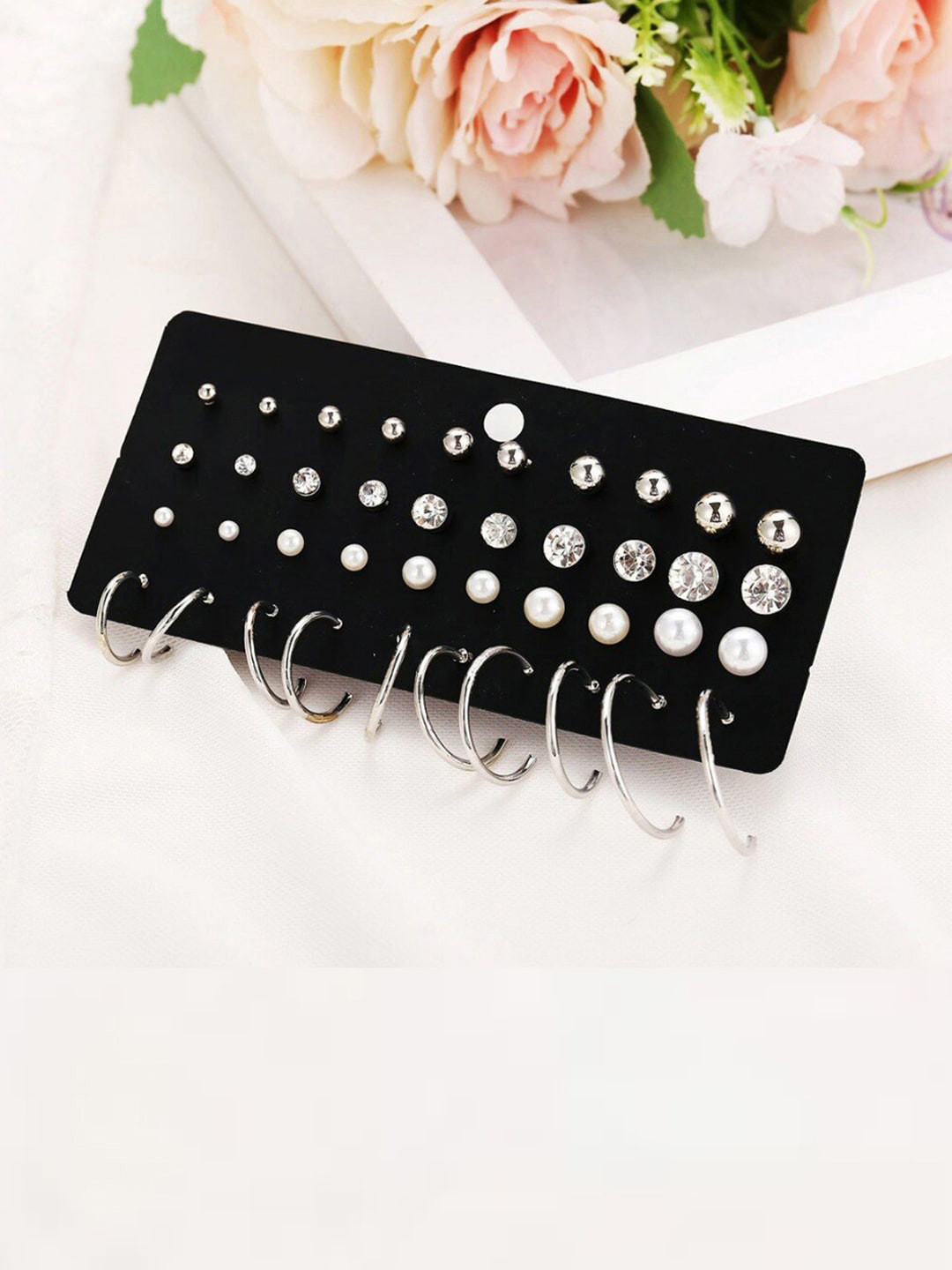 

Jewels Galaxy Set of 20 Silver-Plated Stone-Studded Contemporary Studs Earrings, White