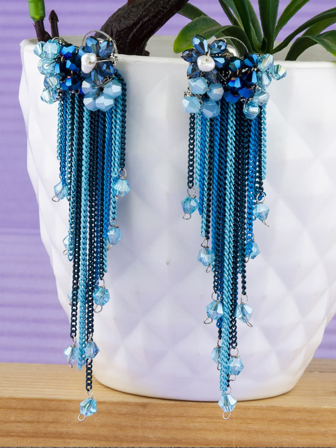 

Jewels Galaxy Silver-Plated Beaded Tasselled Contemporary Drop Earrings, Blue