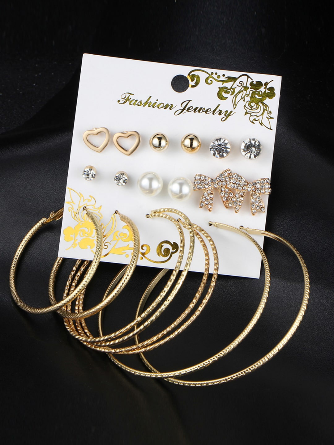 

Jewels Galaxy Set Of 9 Gold-Plated Contemporary Studs & Hoop Earrings, White