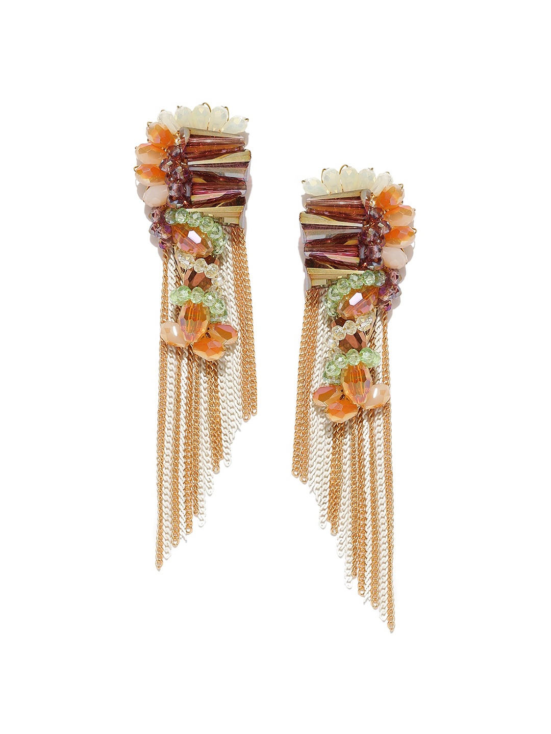

Jewels Galaxy Gold-Plated Stone-Studded & Beaded Contemporary Drop Earrings, Brown
