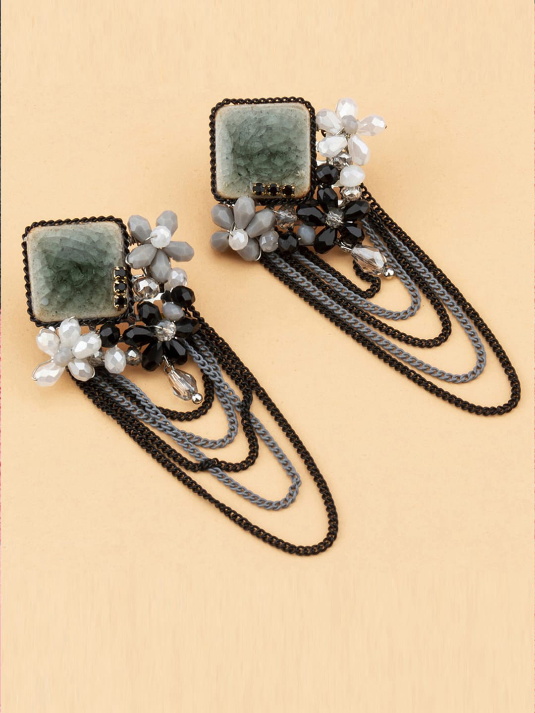 

Jewels Galaxy Silver-Plated Stone-Studded & Beaded Contemporary Drop Earrings, Sea green