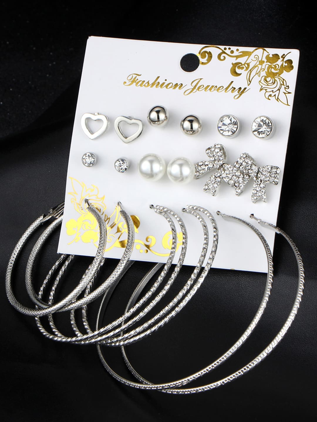

Jewels Galaxy Set Of 9 Silver-Plated Contemporary Studs Earrings, White