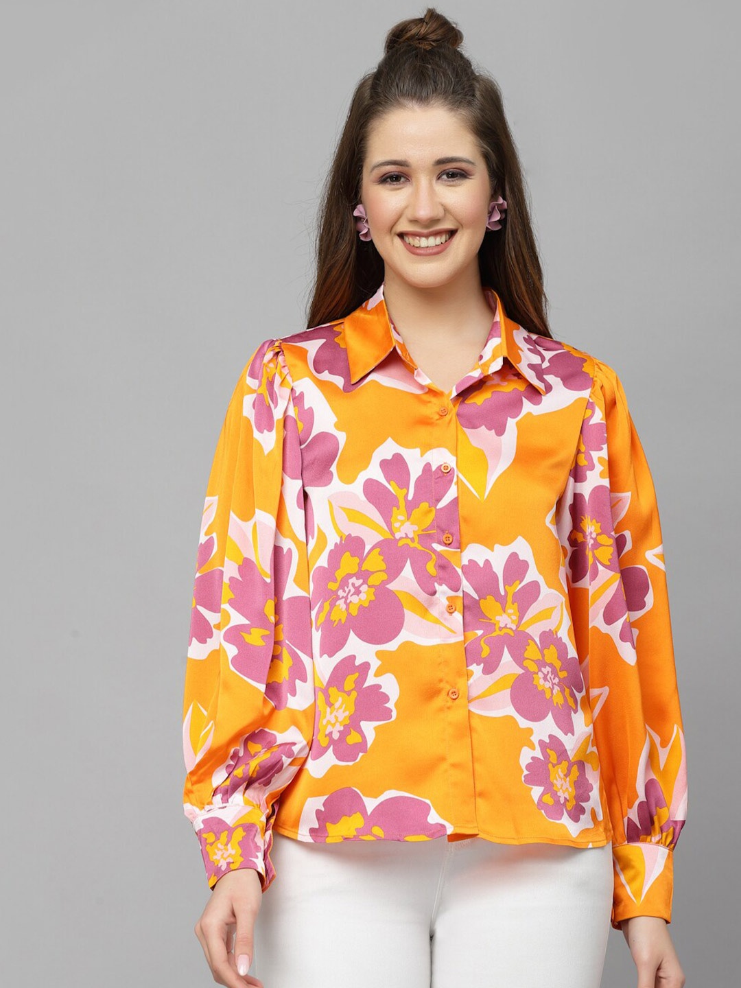 

Mafadeny Women Floral Printed Casual Shirt, Orange