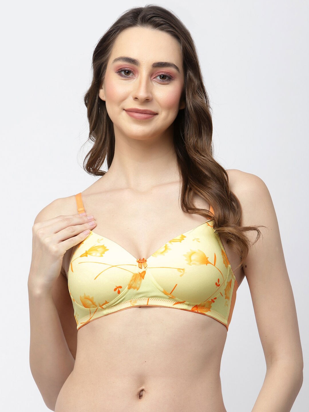 

College Girl Floral Printed Lightly Padded Full Coverage Medium Support Bra, Yellow
