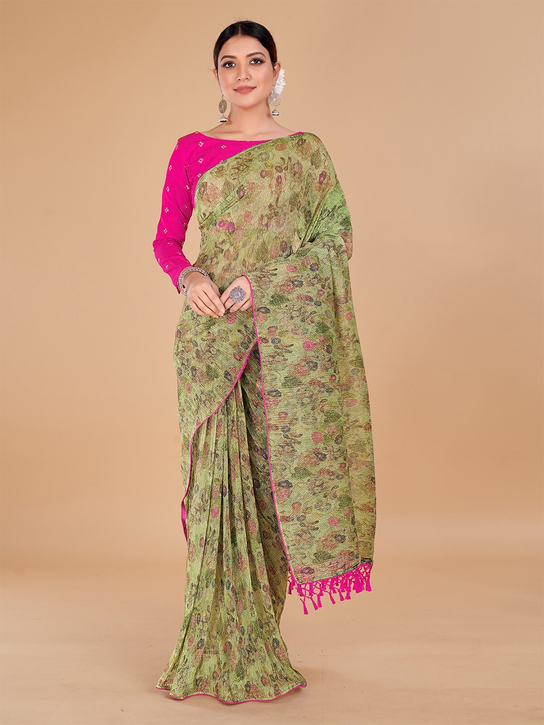 

Granthva Fab Floral Printed Art Silk Saree With Tassels, Green