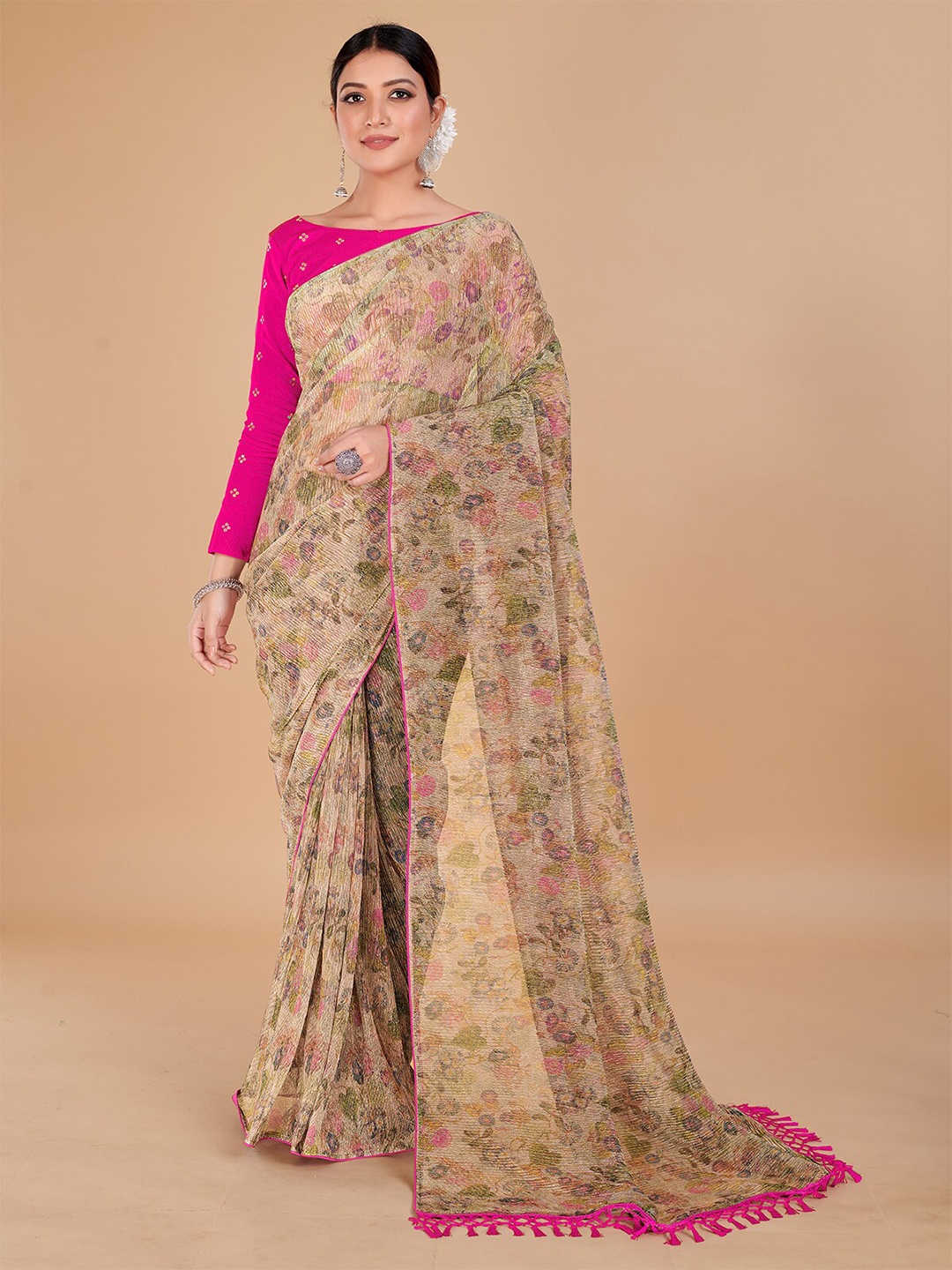 

Granthva Fab Ethnic Motifs Printed Art Silk Saree, Beige