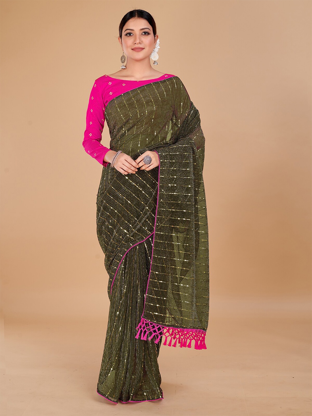 

Granthva Fab Embellished Sequinned Art Silk Saree, Olive