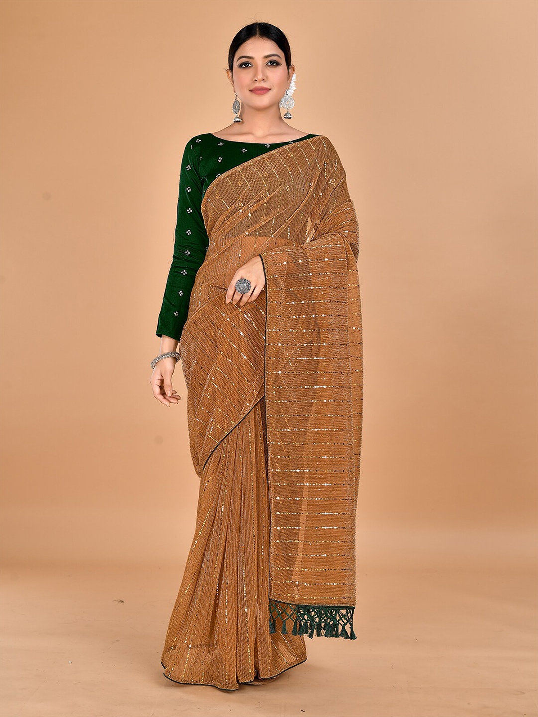 

Granthva Fab Embellished Sequinned Art Silk Saree, Brown