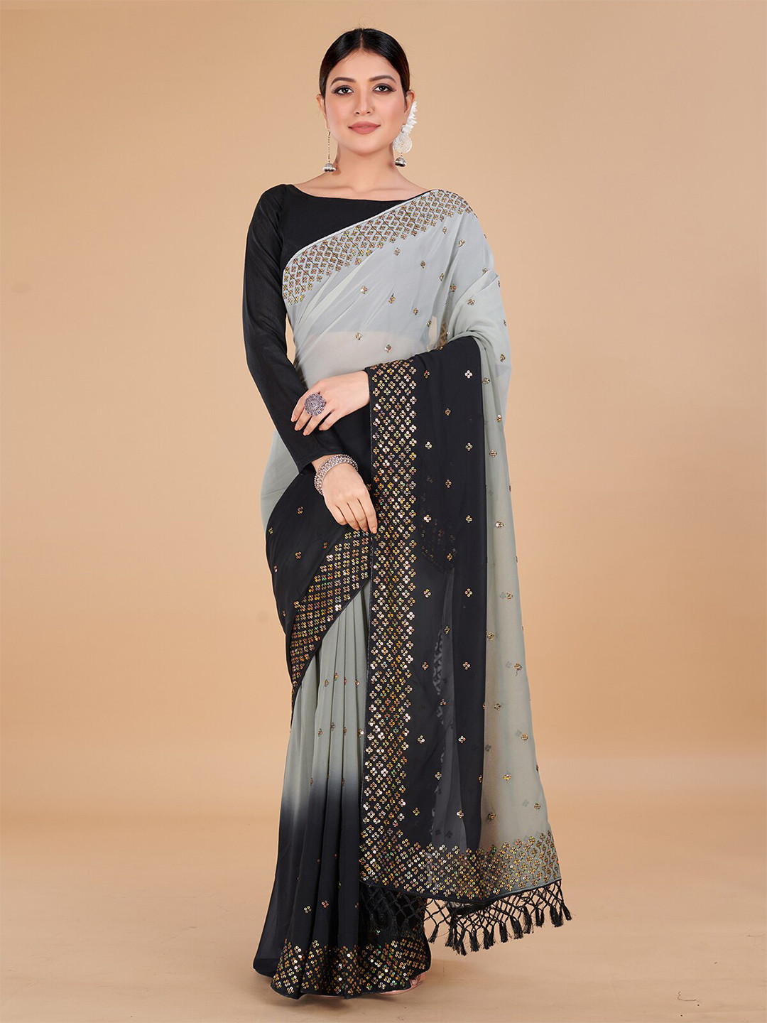 

Granthva Fab Sequinned Embroidered Pure Georgette Saree, Grey