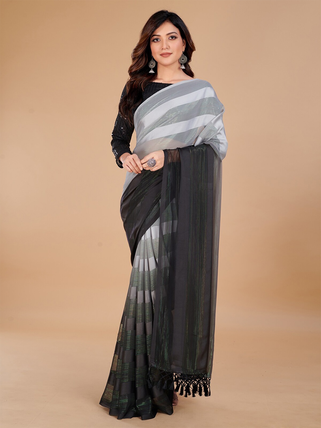 

Granthva Fab Striped Art Silk Saree, Grey