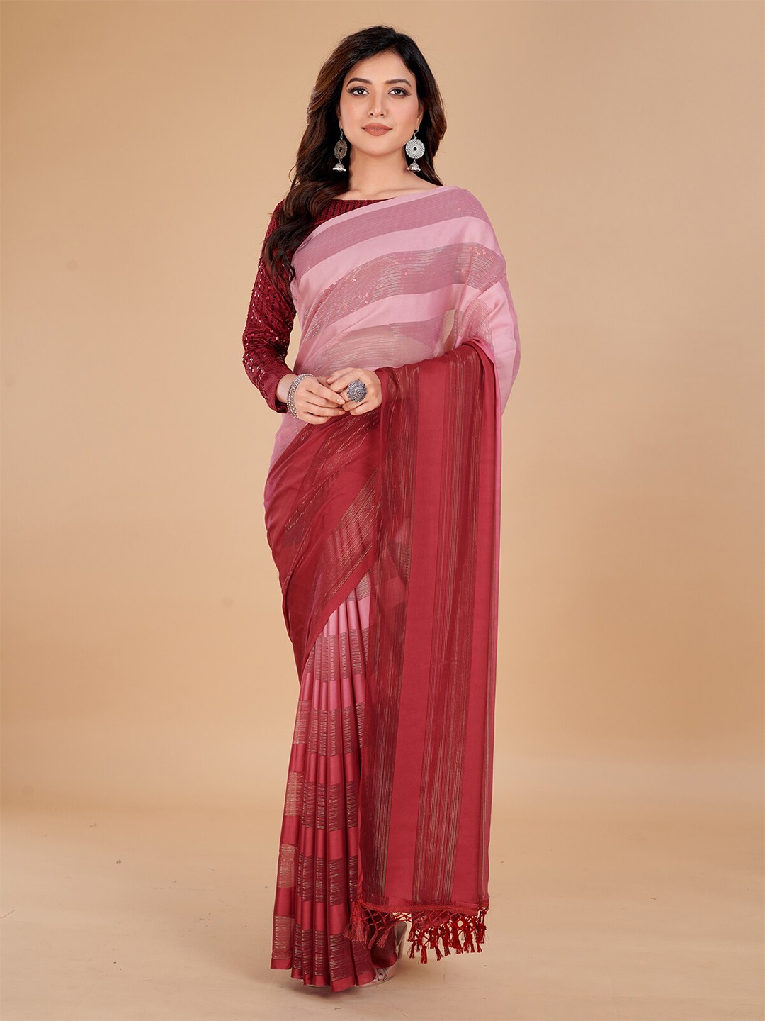 

Granthva Fab Striped Art Silk Saree, Rose