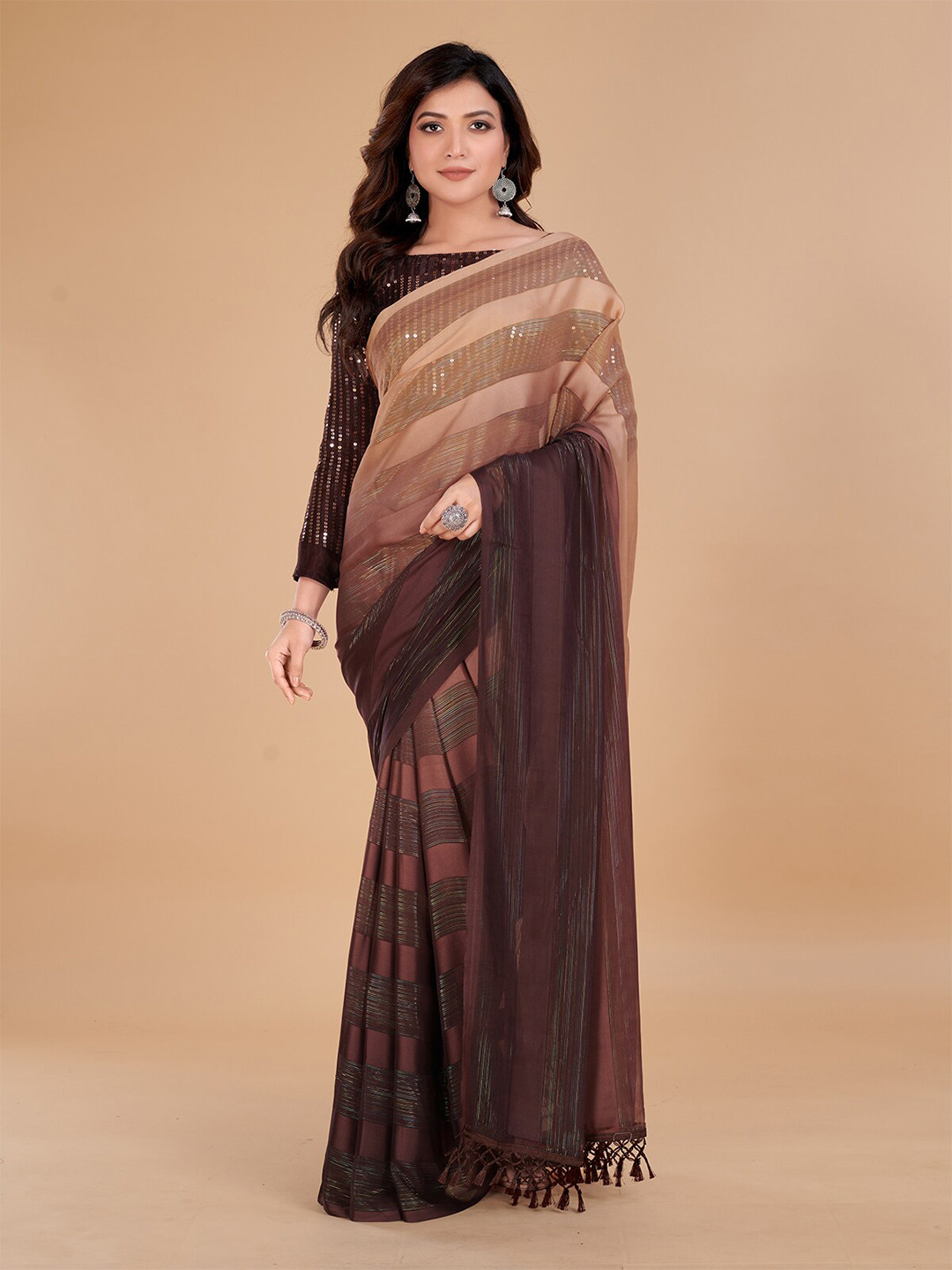 

Granthva Fab Striped Sequined Art Silk Saree, Orange