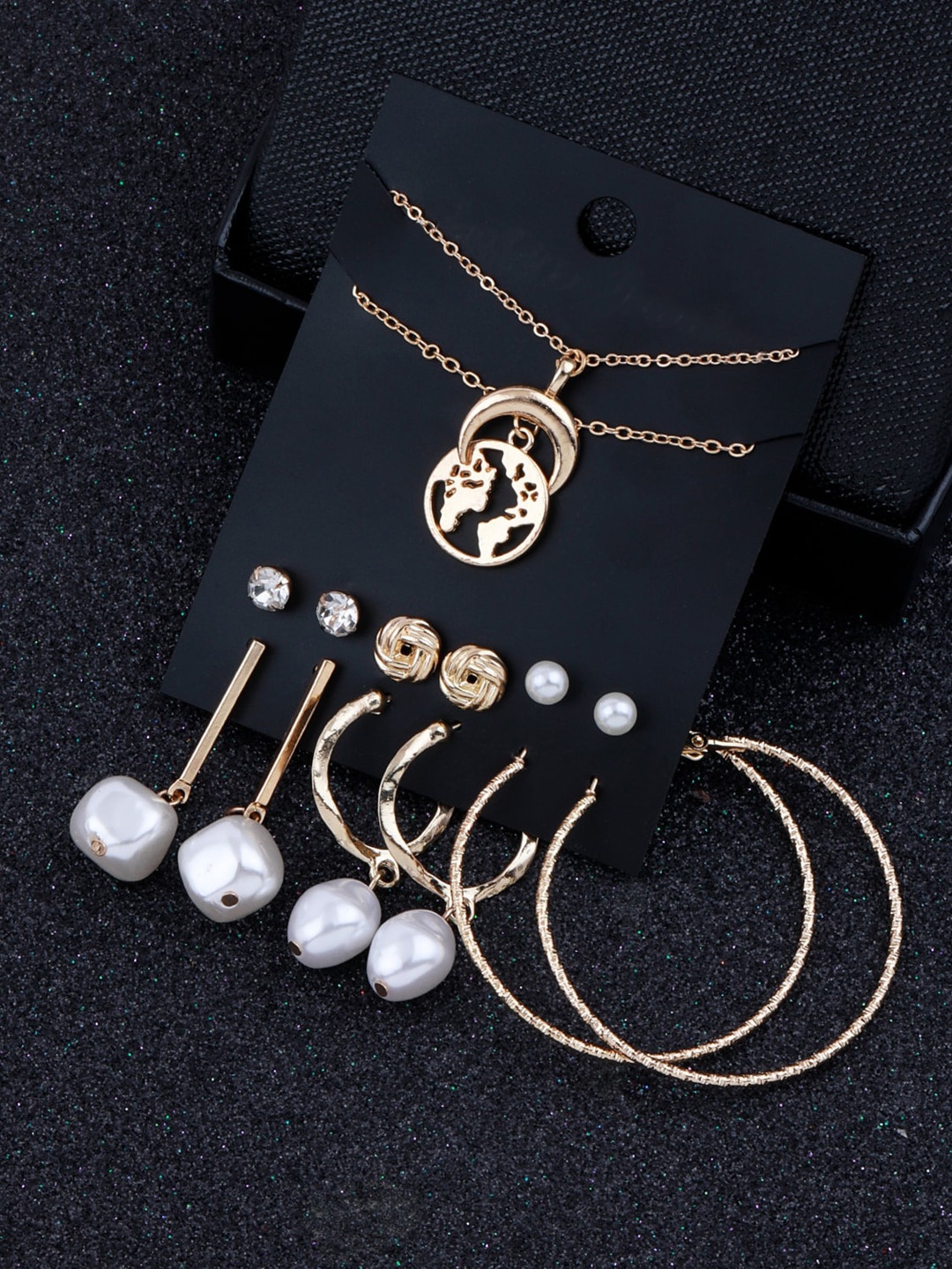 

Silver Shine Gold-Plated Set Of 6 Contemporary Hoop Earrings And Chain Combo, White