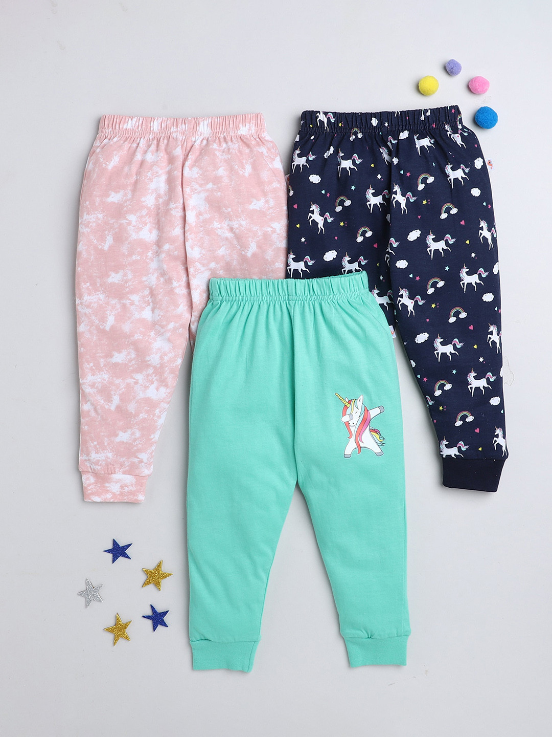 

BUMZEE Girls Pack Of 3 Printed Pure Cotton Joggers Lounge Pants, Peach