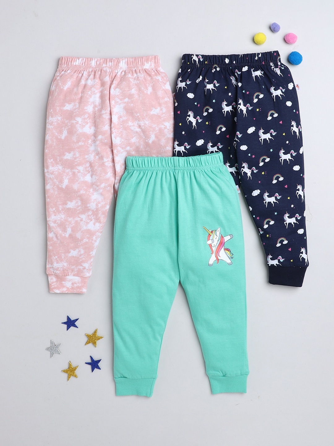 

BUMZEE Infants Girls Pack Of 3 Printed Pure Cotton Joggers Lounge Pants, Peach