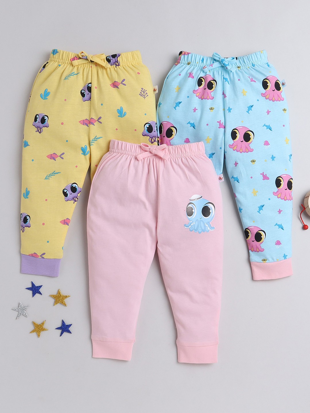 

BUMZEE Infant Girls Pack Of 3 Pure Cotton Printed Lounge Pants, Blue