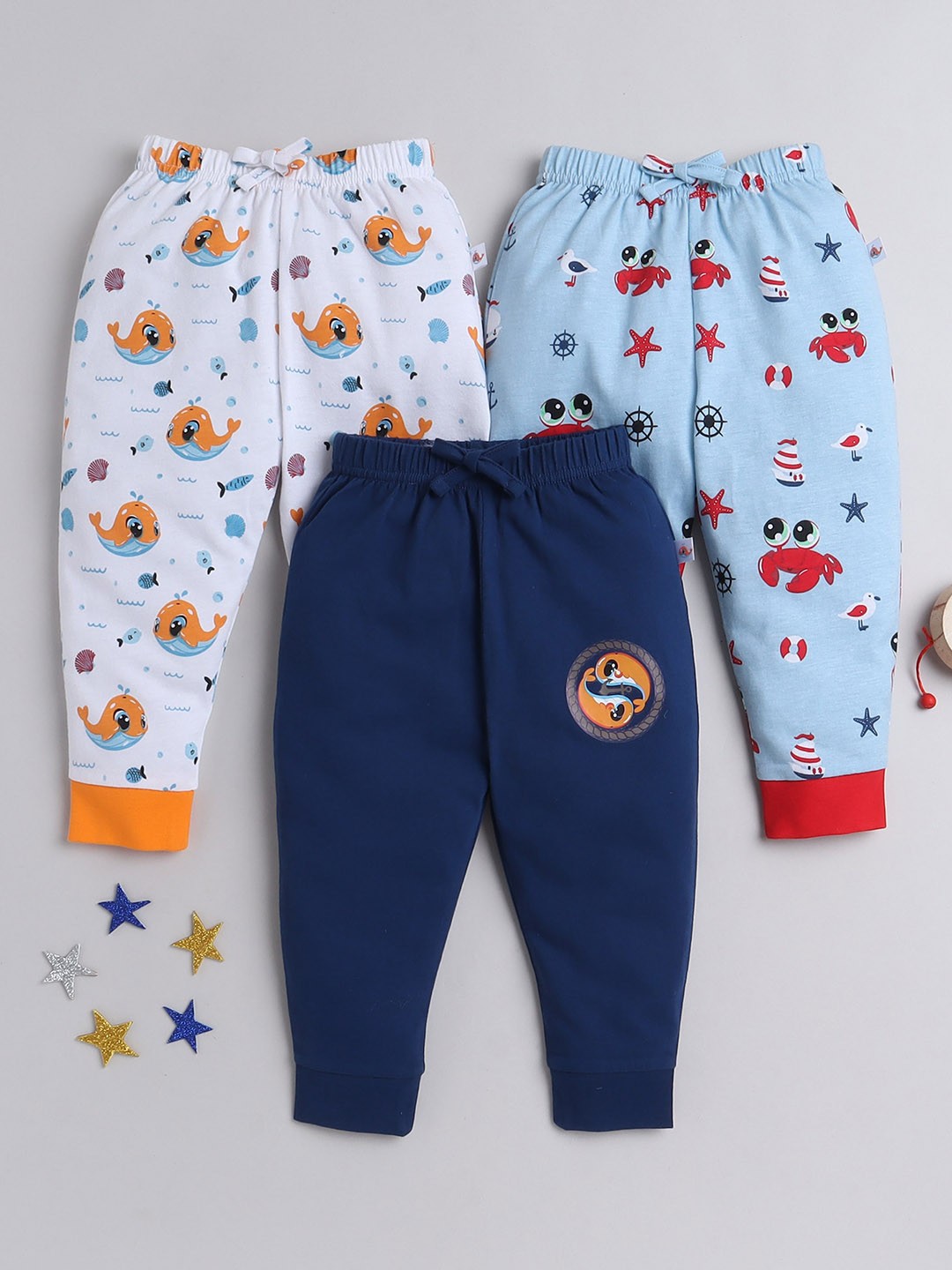 

BUMZEE Boys Pack Of 3 Printed Pure Cotton Pyjamas, Blue