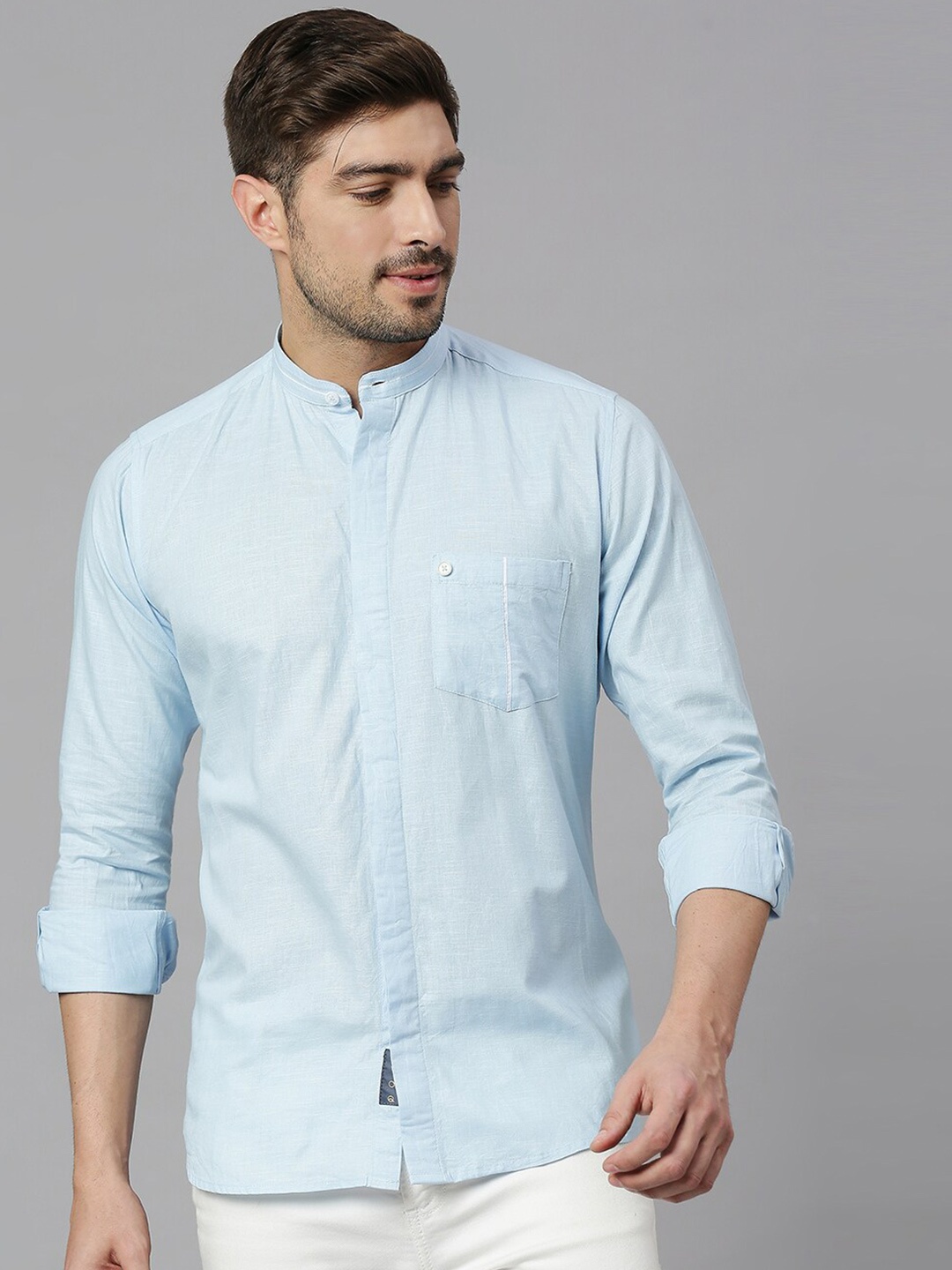 

EVOQ Mandarin Collar Cotton Casual Shirt, Blue
