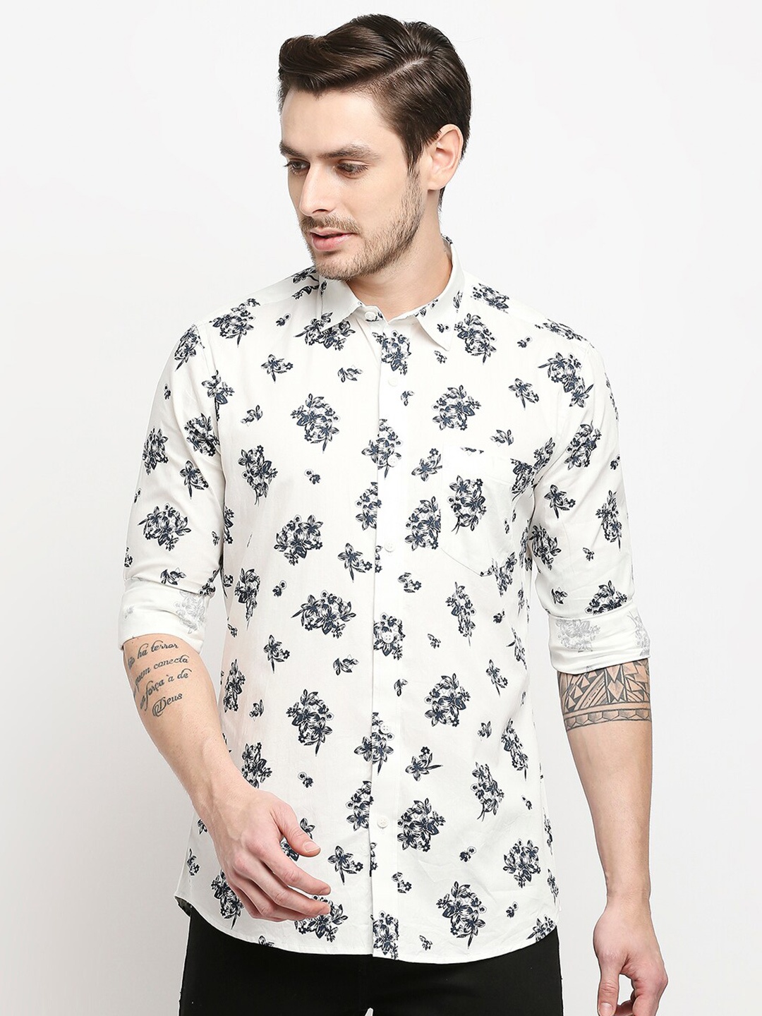 

EVOQ Standard Floral Printed Pure Cotton Casual Shirt, White