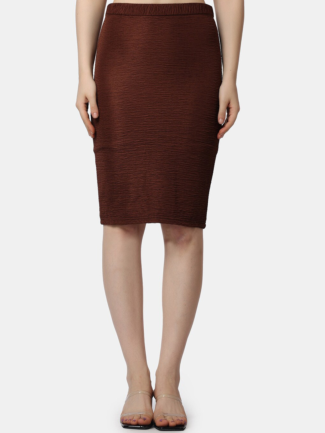 

Popwings Self Design Knee Length Slip-On Pencil Skirt, Burgundy