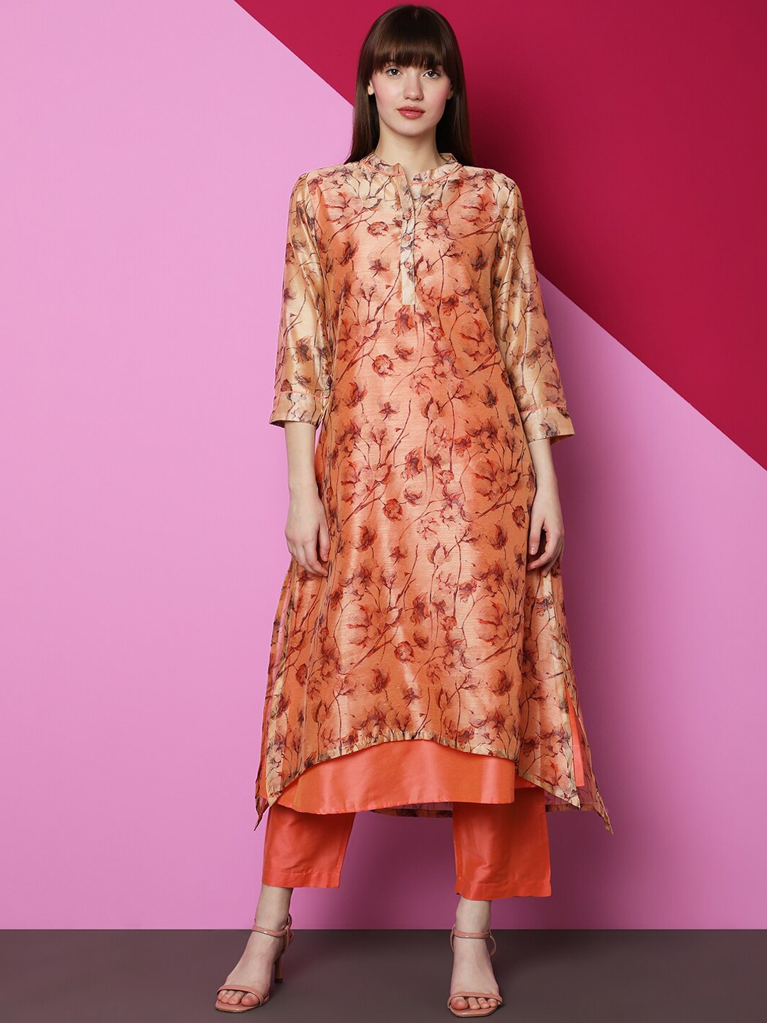 

Indifusion Floral Printed Mandarin Collar Kurta with Trousers, Beige