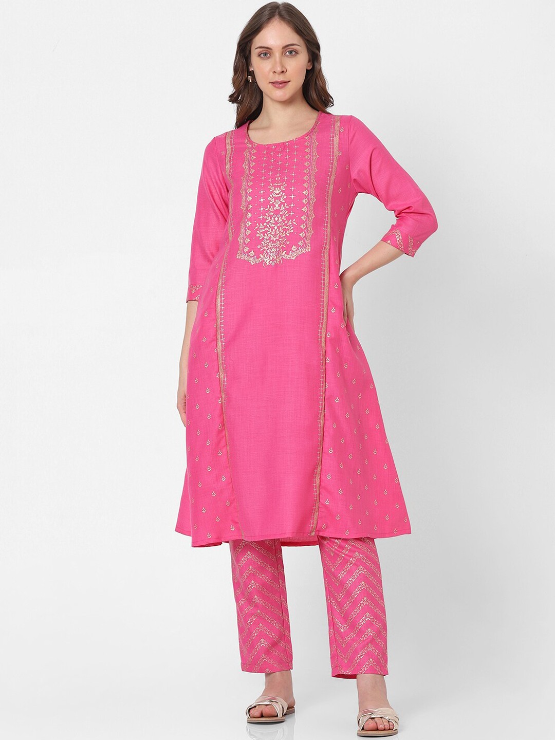 

Indifusion Ethnic Motifs Printed Screen A-Line Kurta With Trousers, Pink