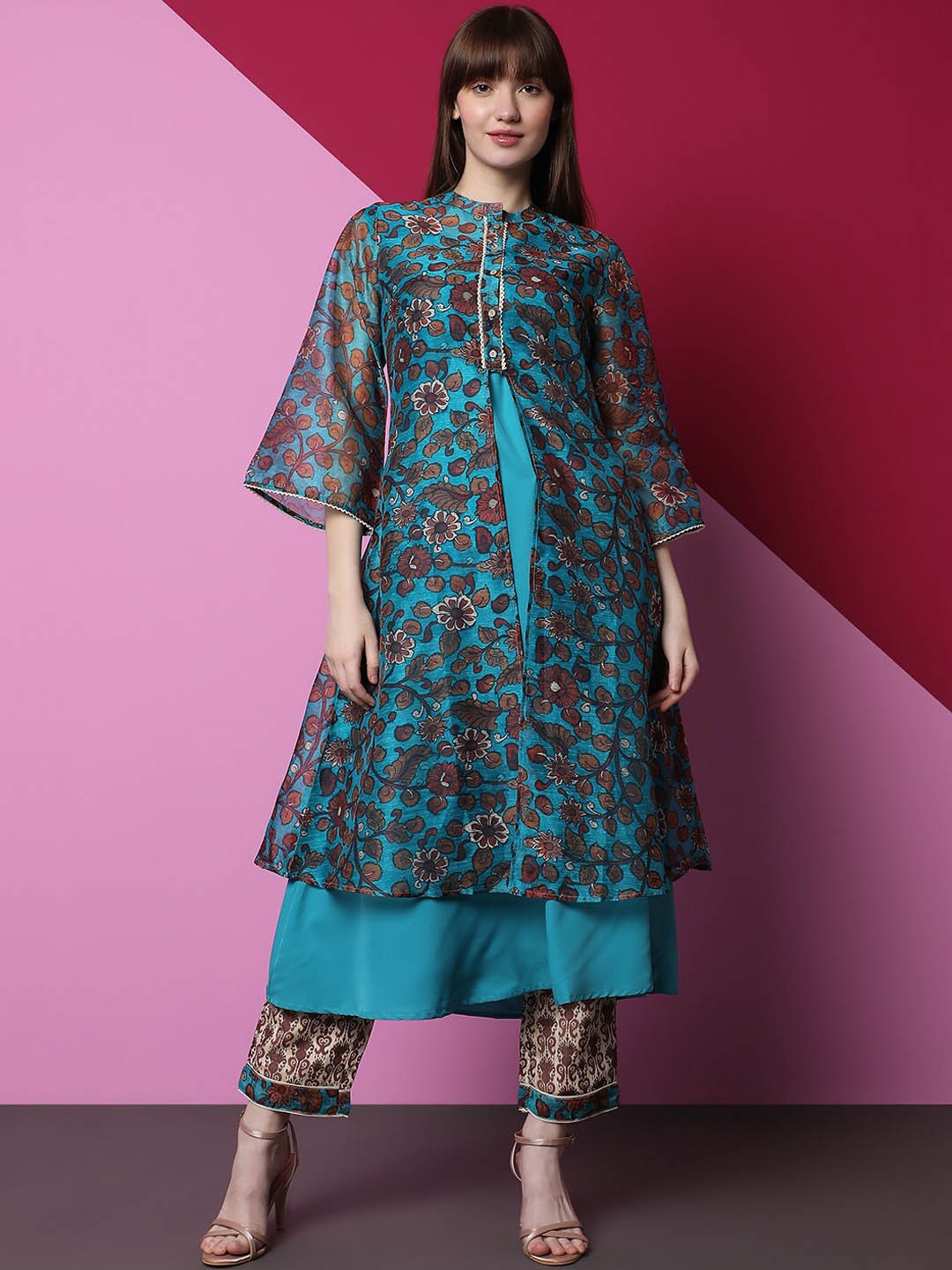 

Indifusion Floral Printed Layered Kurta With Trousers, Turquoise blue