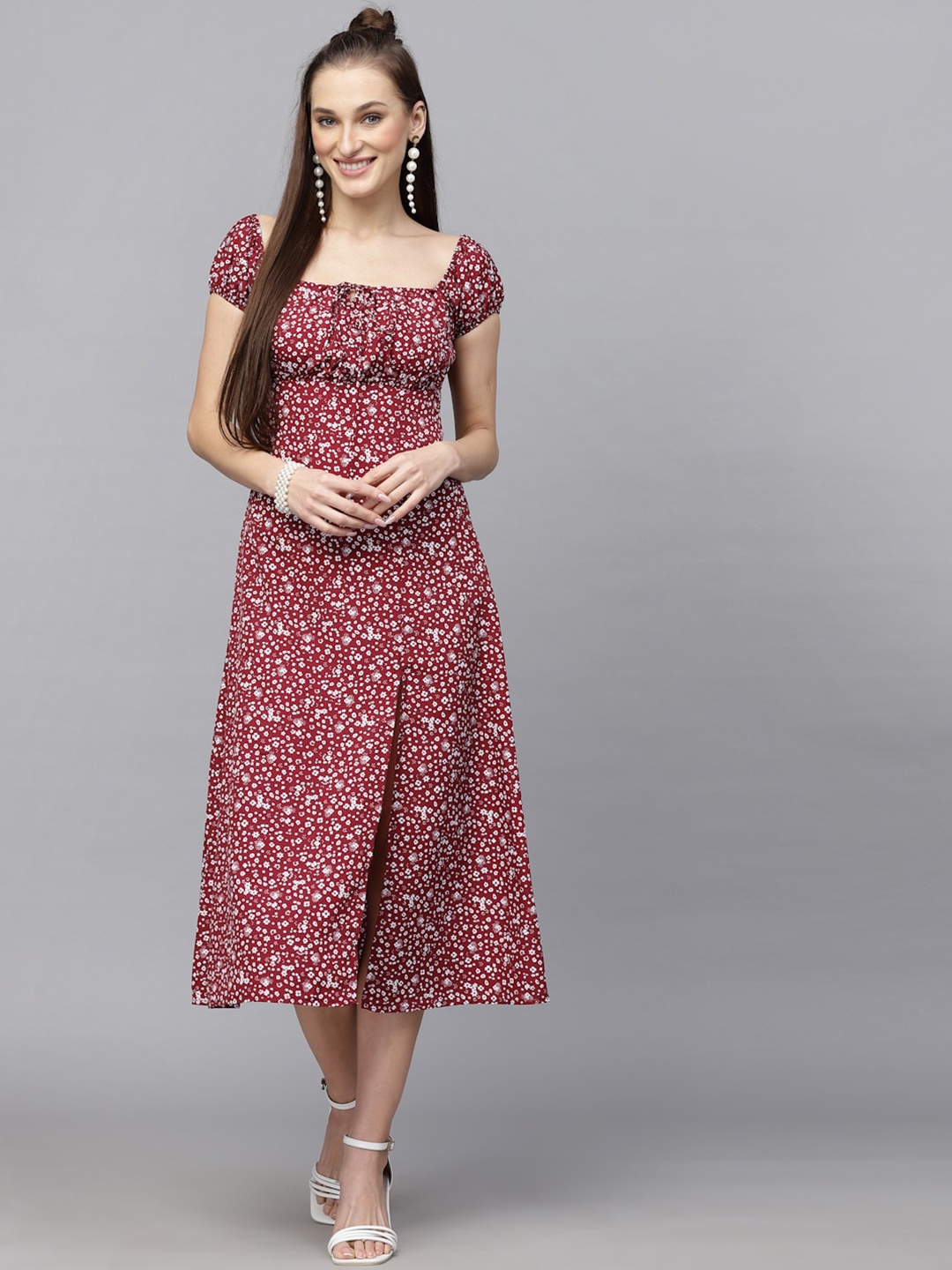 

aayu Floral Printed Crepe Square Neck Puff Sleeves A-Line Midi Dress, Maroon