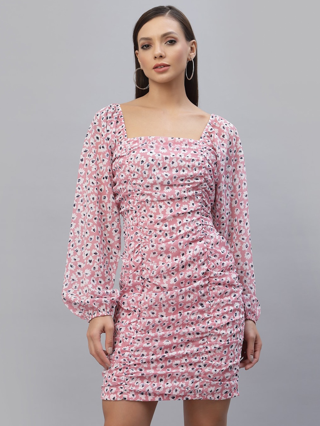 

aayu Floral Printed Square Neck Puff Sleeves Georgette Sheath Dress, Pink