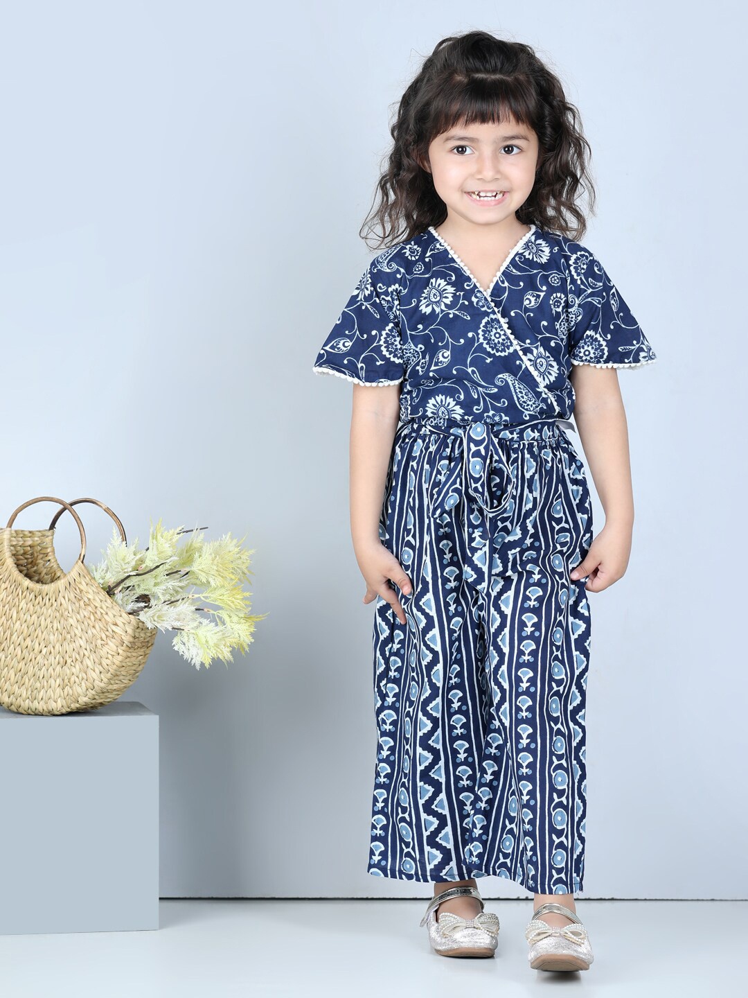 

kidcetra Girls Printed Cotton Top with Palazzos, Navy blue
