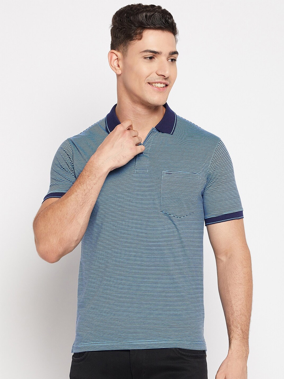

Okane Striped Polo Collar Cotton T-shirt, Blue