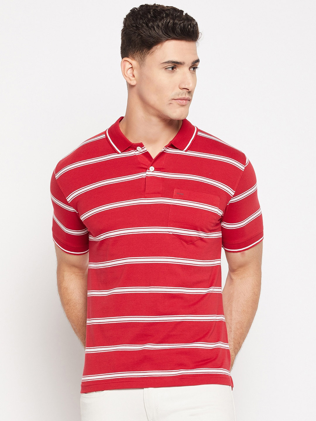

Okane Striped Polo Collar Cotton T-shirt, Red