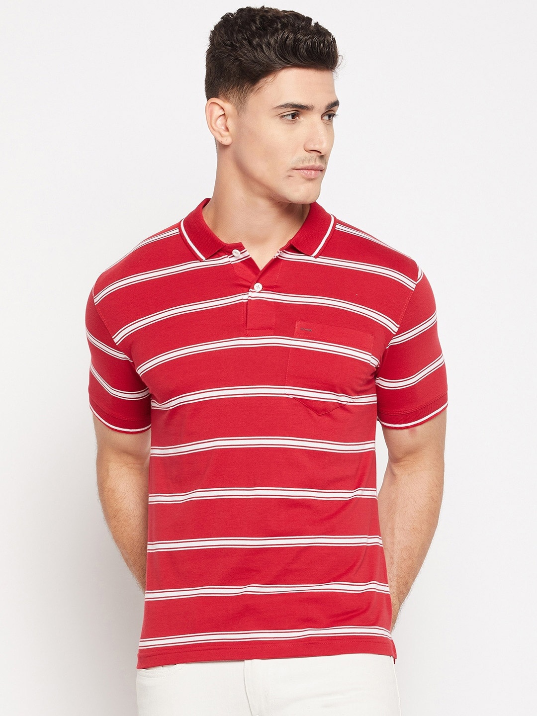 

Okane Striped Polo Collar Cotton T-shirt, Red