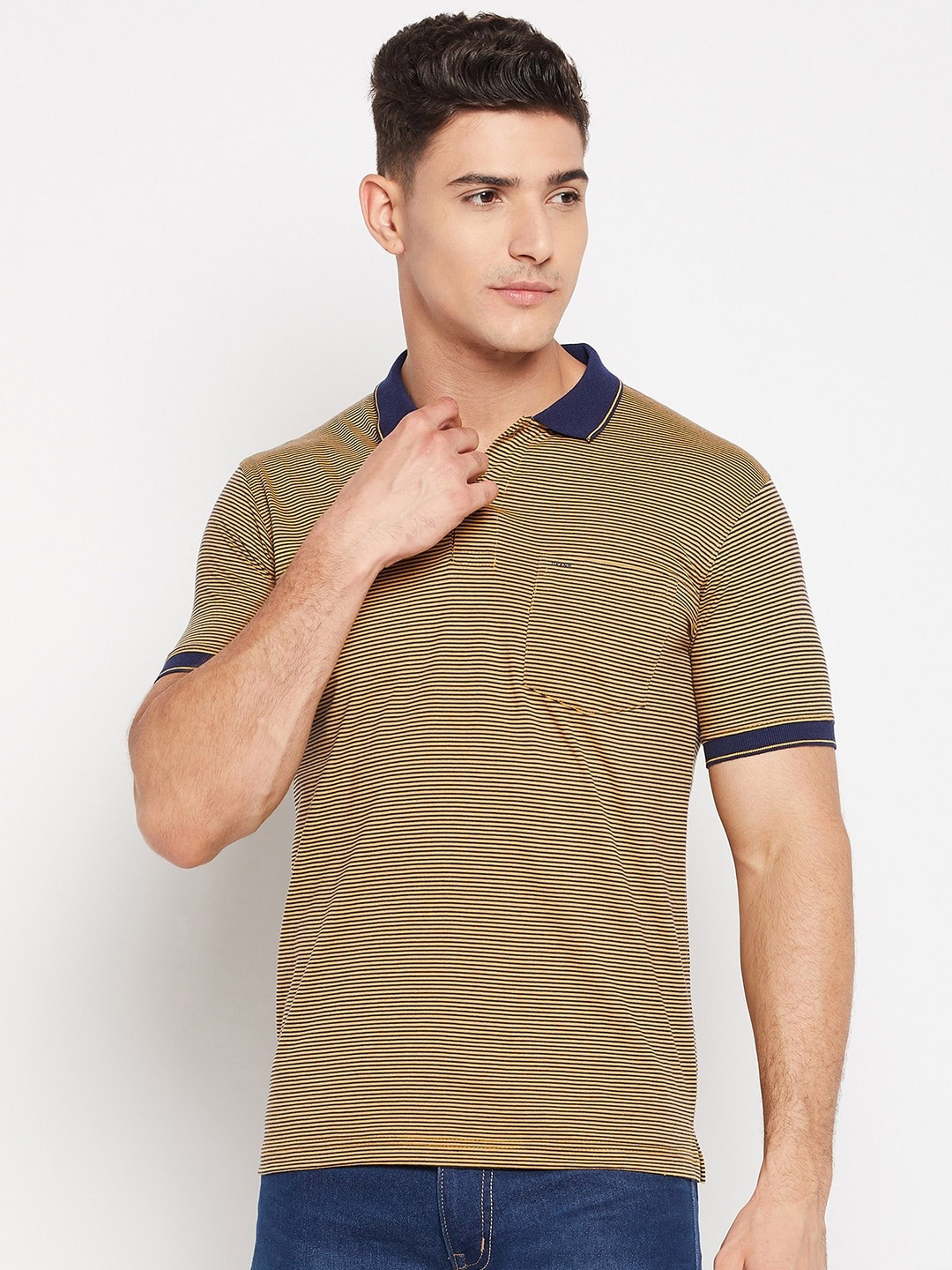 

Okane Striped Polo Collar Cotton T-shirt, Yellow